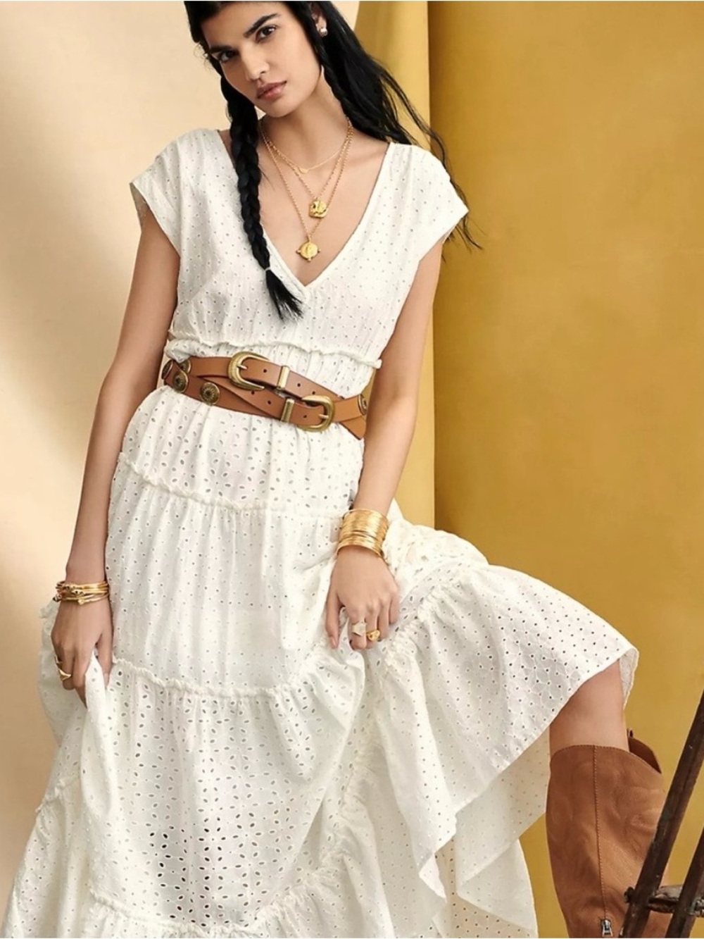 White Anthropologie Tiered Eyelet Maxi Dress